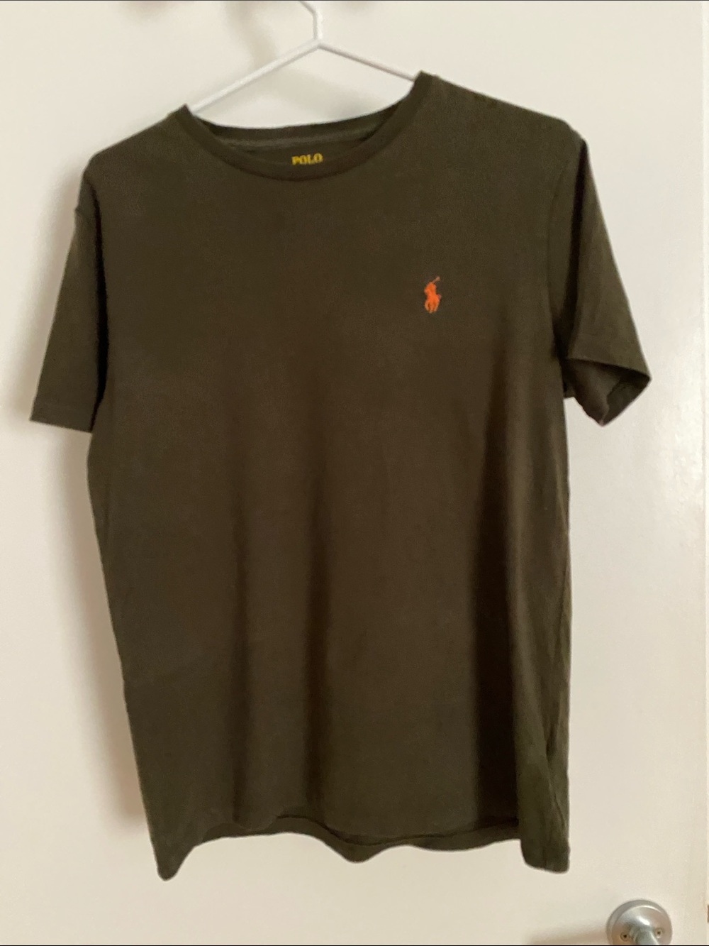 Polo by Ralph Lauren Olive Green Short Sleeve Tee-Shirt w Orange logo Size Small